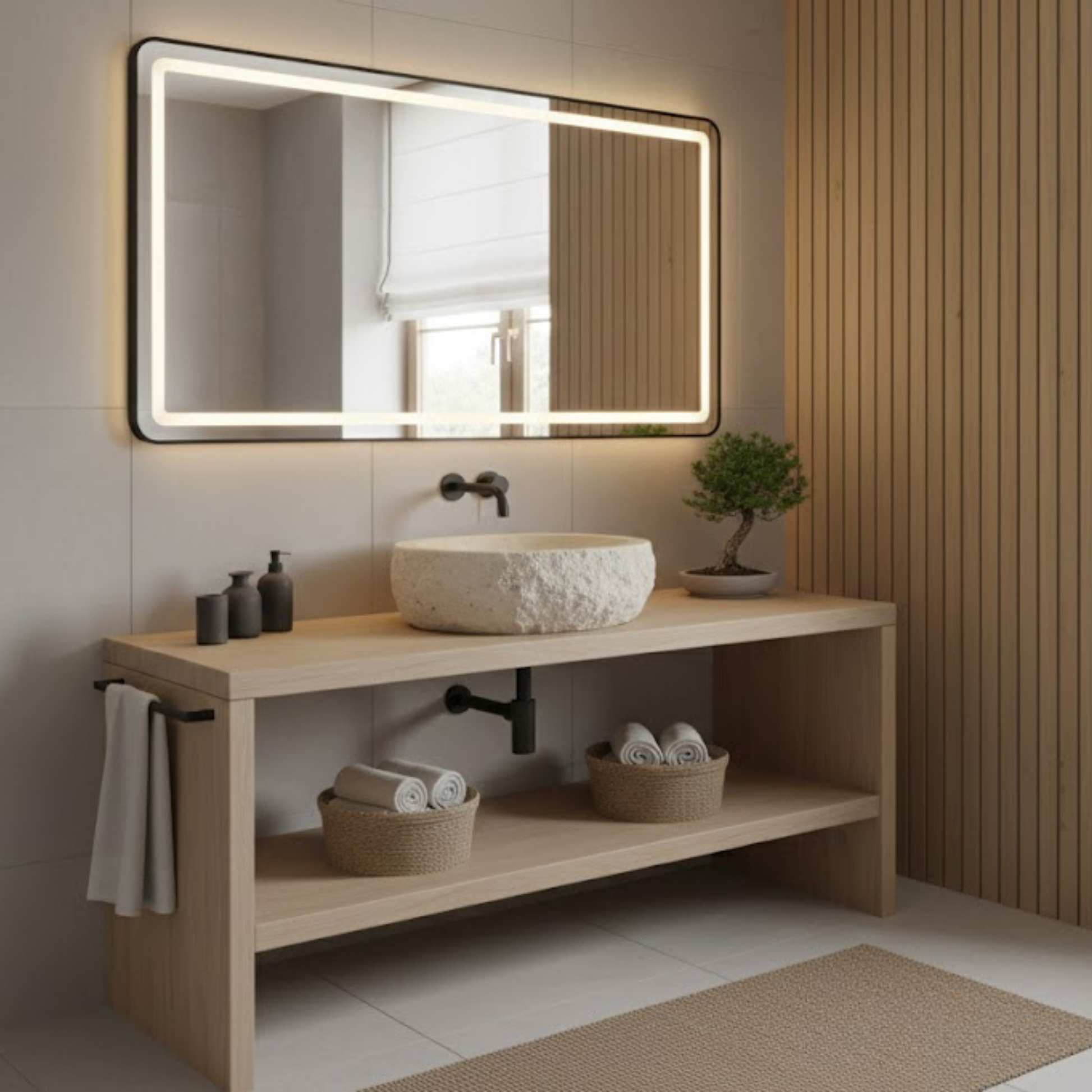 Hand-Carved Chiseled Travertine Vessel Sink – Round Rock-Face Natural Stone Basin