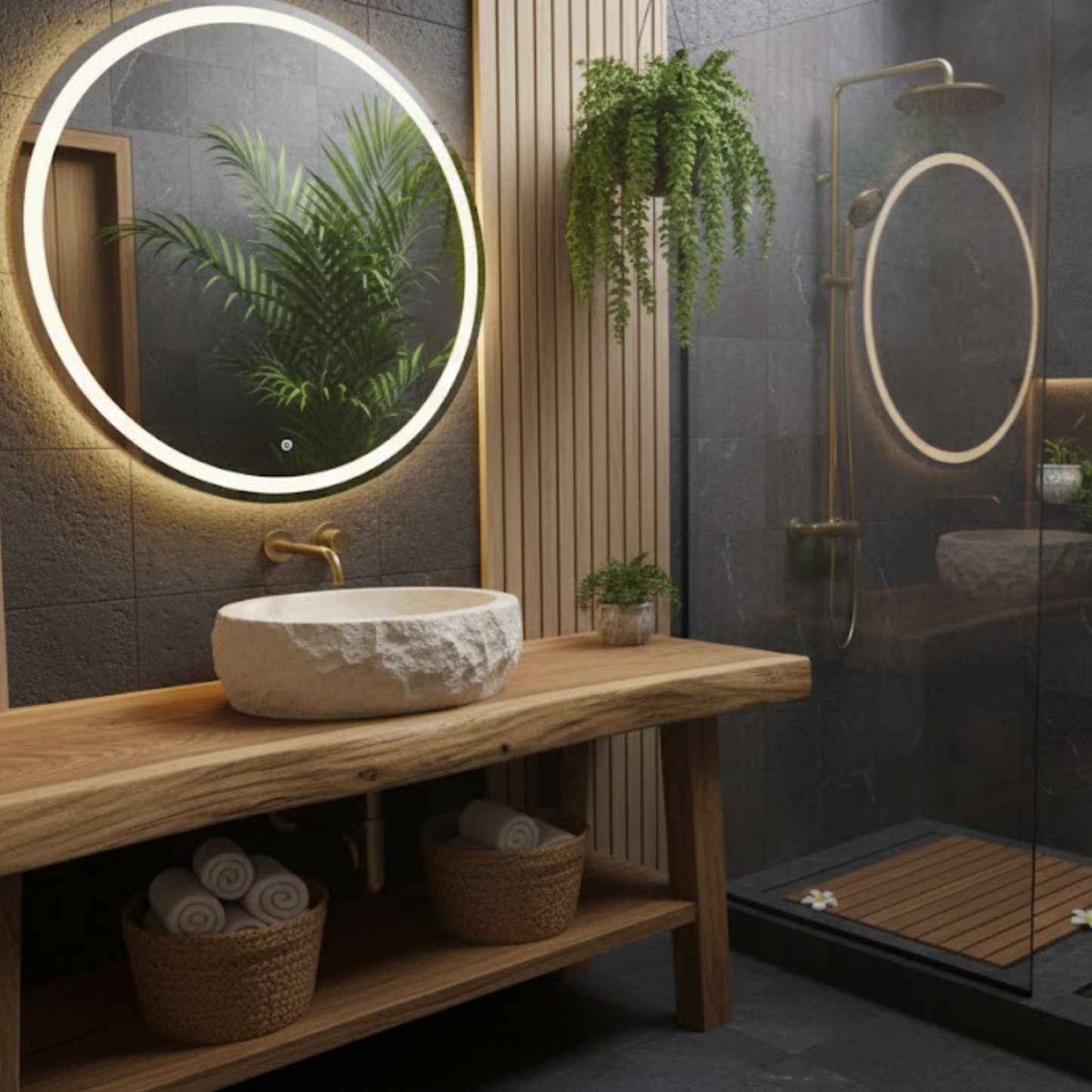 Hand-Carved Chiseled Travertine Vessel Sink – Round Rock-Face Natural Stone Basin