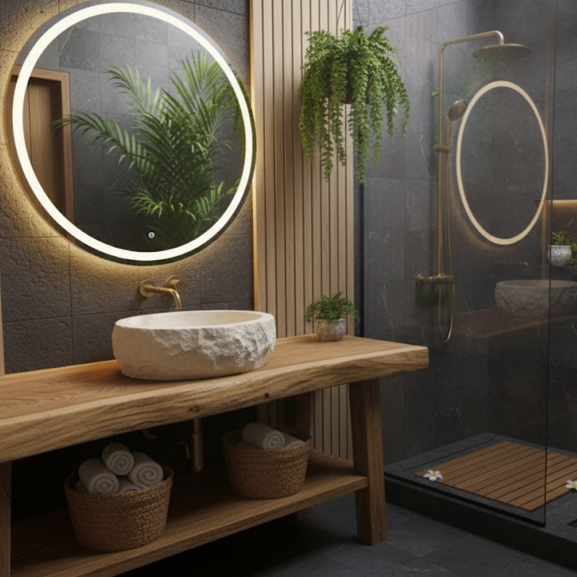 Hand-Carved Chiseled Travertine Vessel Sink – Round Rock-Face Natural Stone Basin