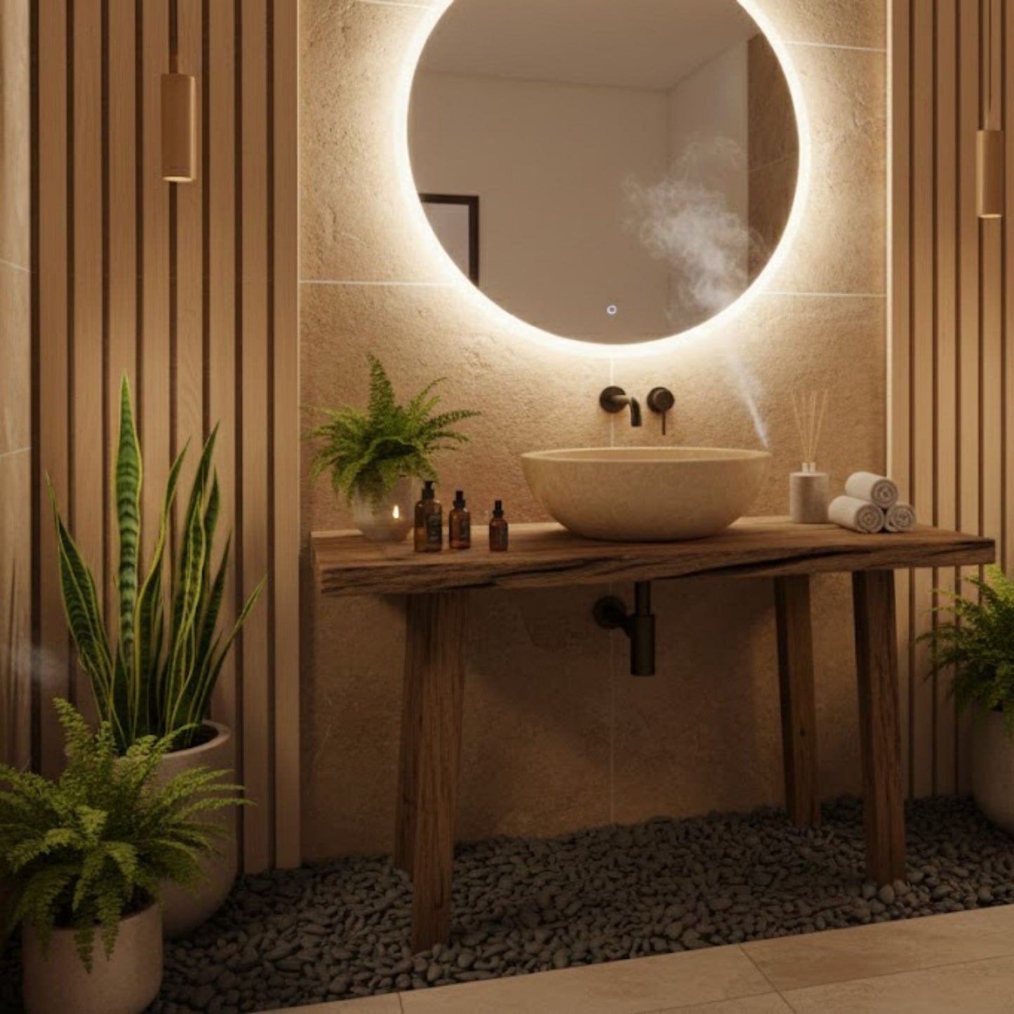 Hand-Carved Classic Round Travertine Vessel Sink – Polished Beige Natural Stone Basin