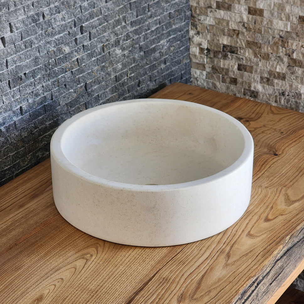 Cream Marble Flared Vessel Sink - Round Solid Stone Basin
