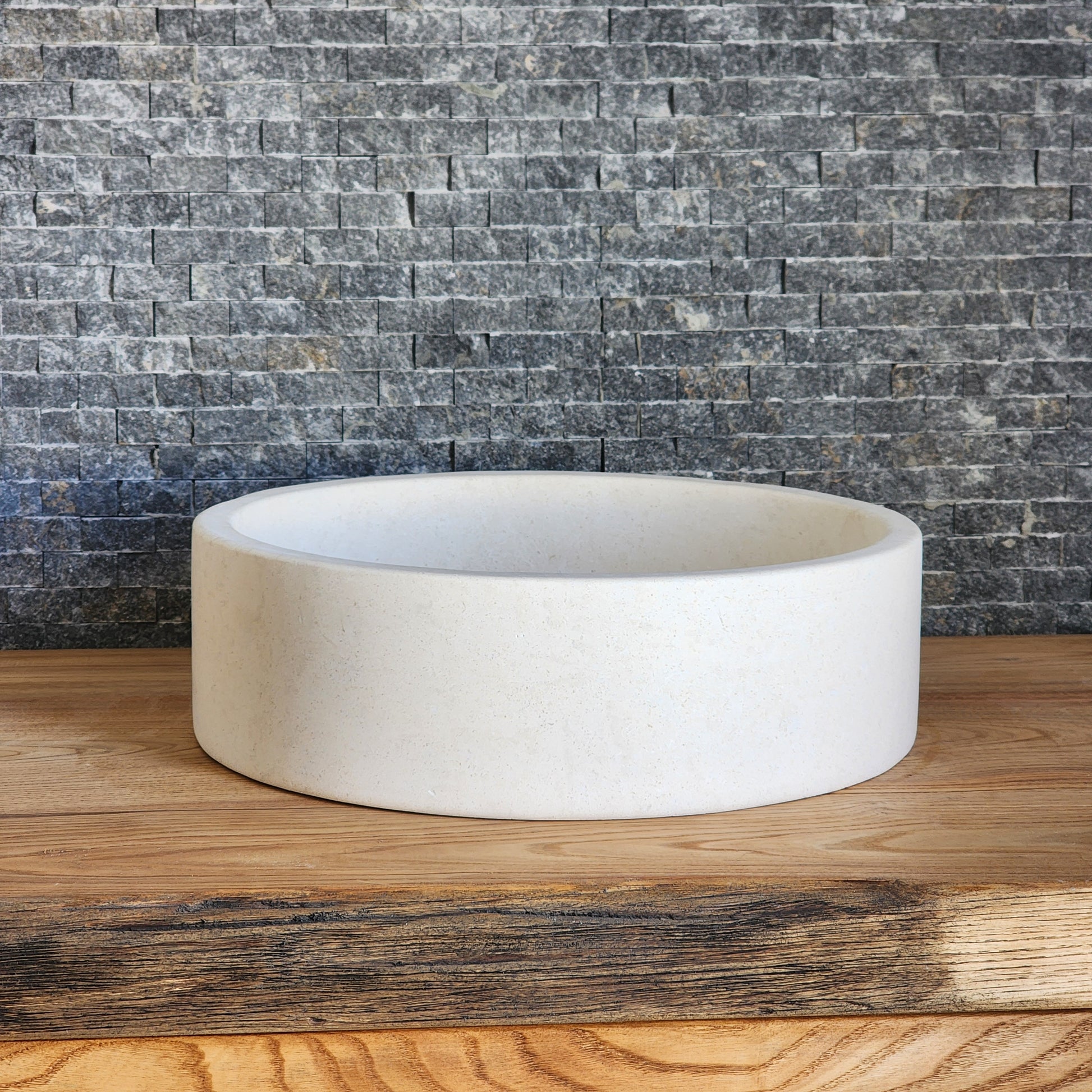 Cream Marble Flared Vessel Sink - Round Solid Stone Basin