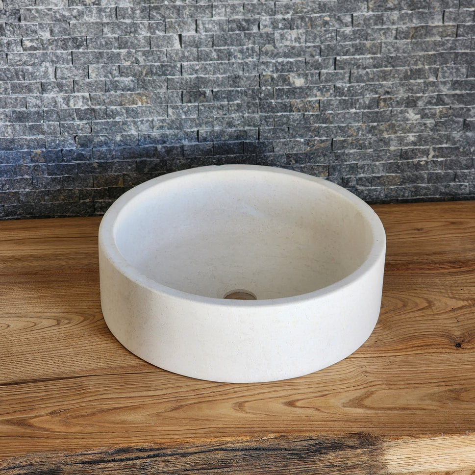 Cream Marble Flared Vessel Sink - Round Solid Stone Basin