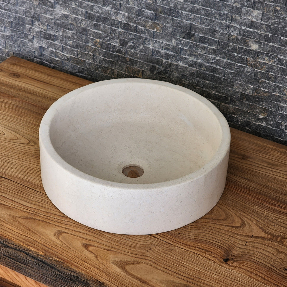 Cream Marble Flared Vessel Sink - Round Solid Stone Basin