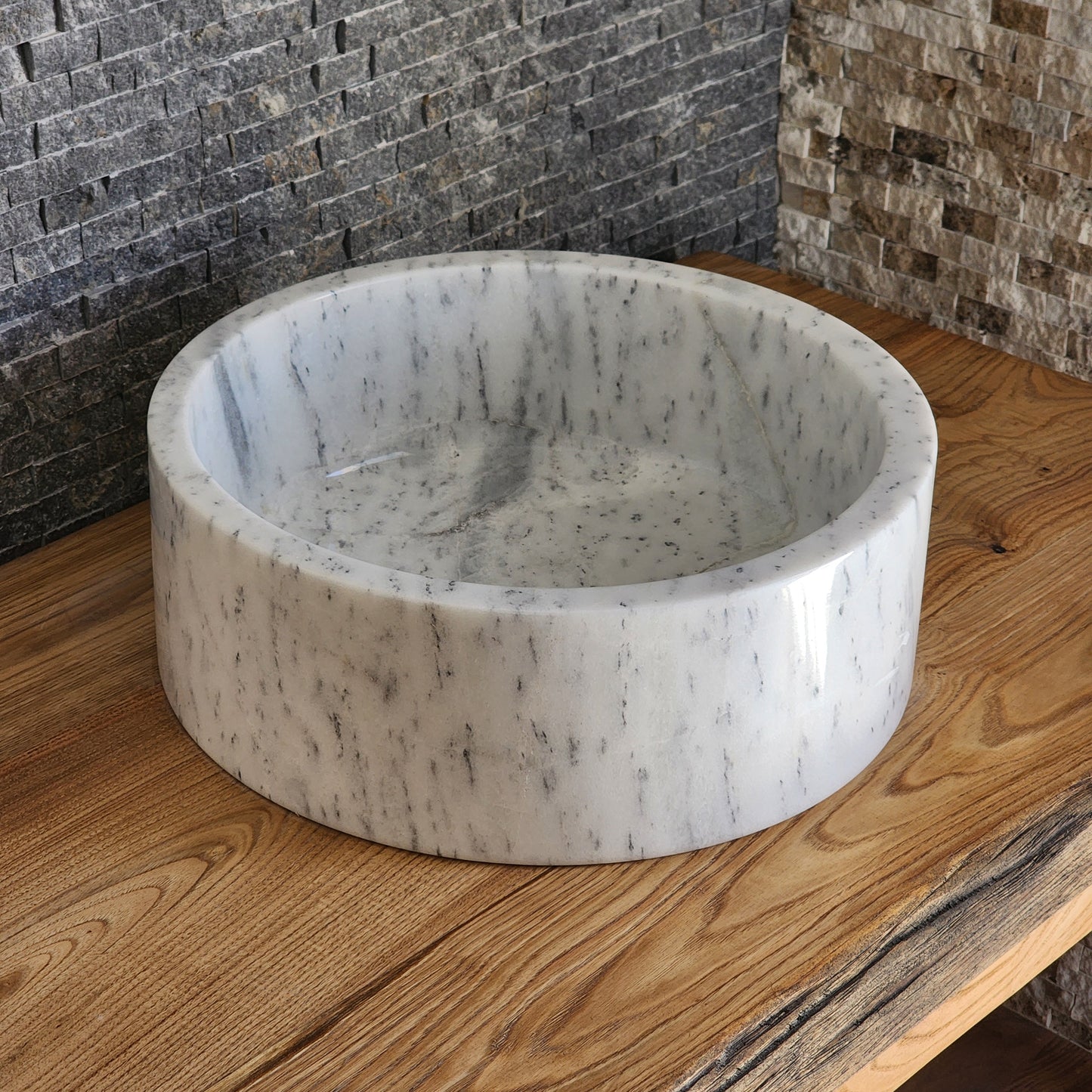 Cylindrical White Marble Vessel Sink - Deep-Dish Monolithic Basin