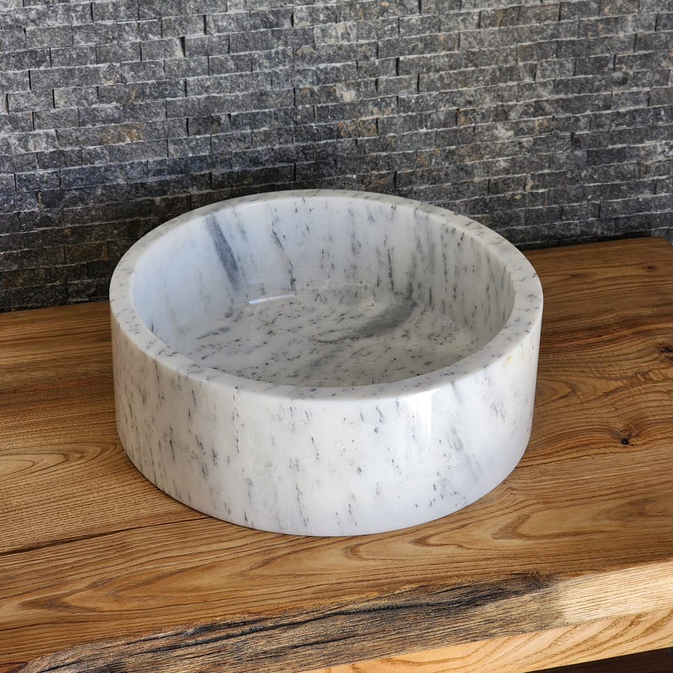 Cylindrical White Marble Vessel Sink - Deep-Dish Monolithic Basin