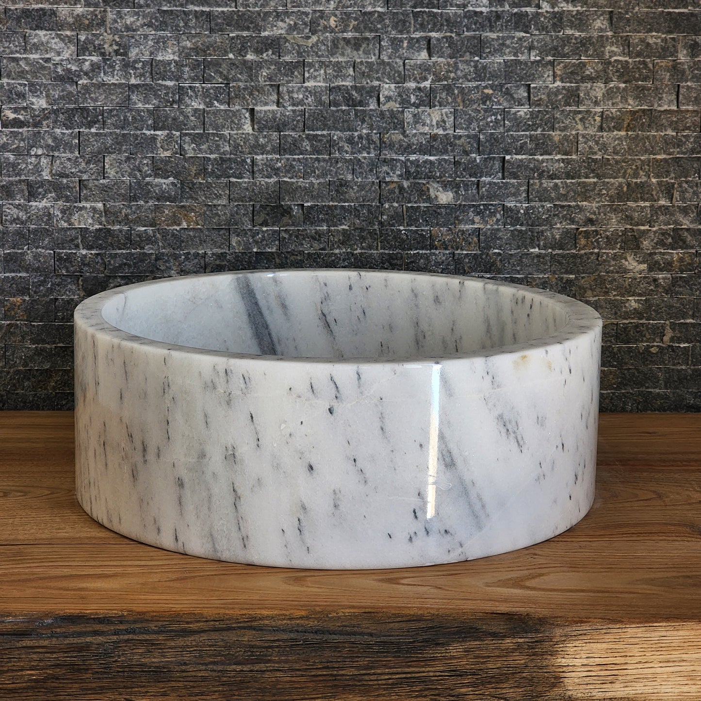 Cylindrical White Marble Vessel Sink - Deep-Dish Monolithic Basin