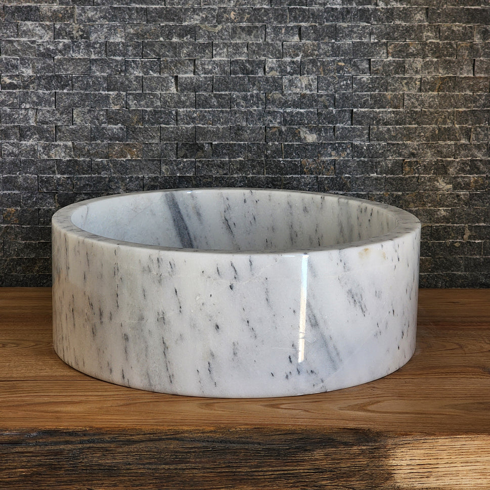 Cylindrical White Marble Vessel Sink - Deep-Dish Monolithic Basin