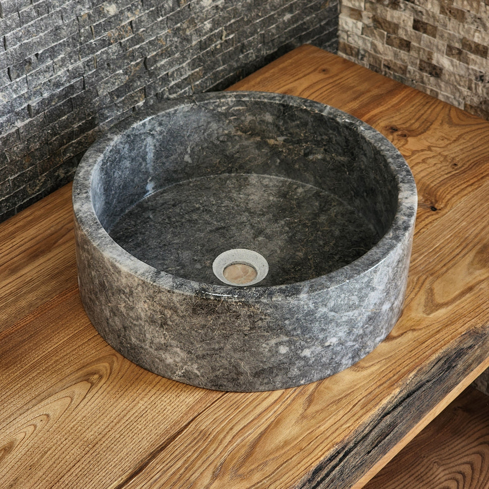 Norhew Gray Storm Marble Vessel Sink - Round Solid Stone Basin