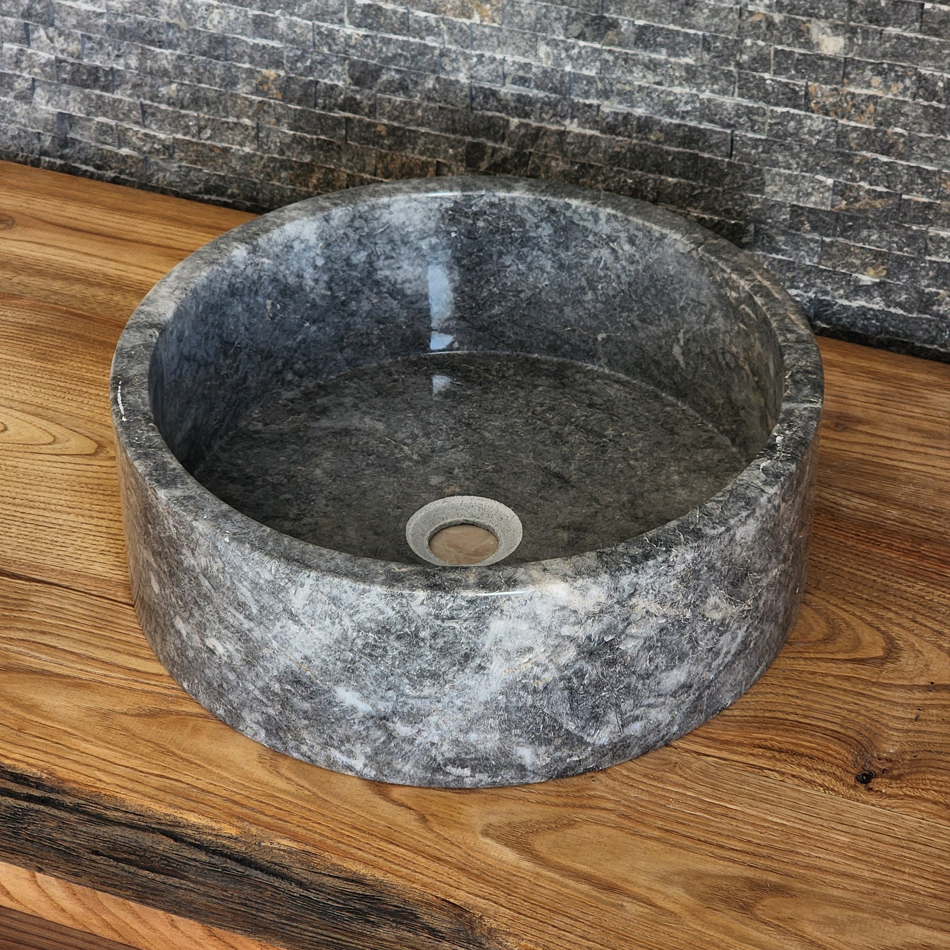 Norhew Gray Storm Marble Vessel Sink - Round Solid Stone Basin