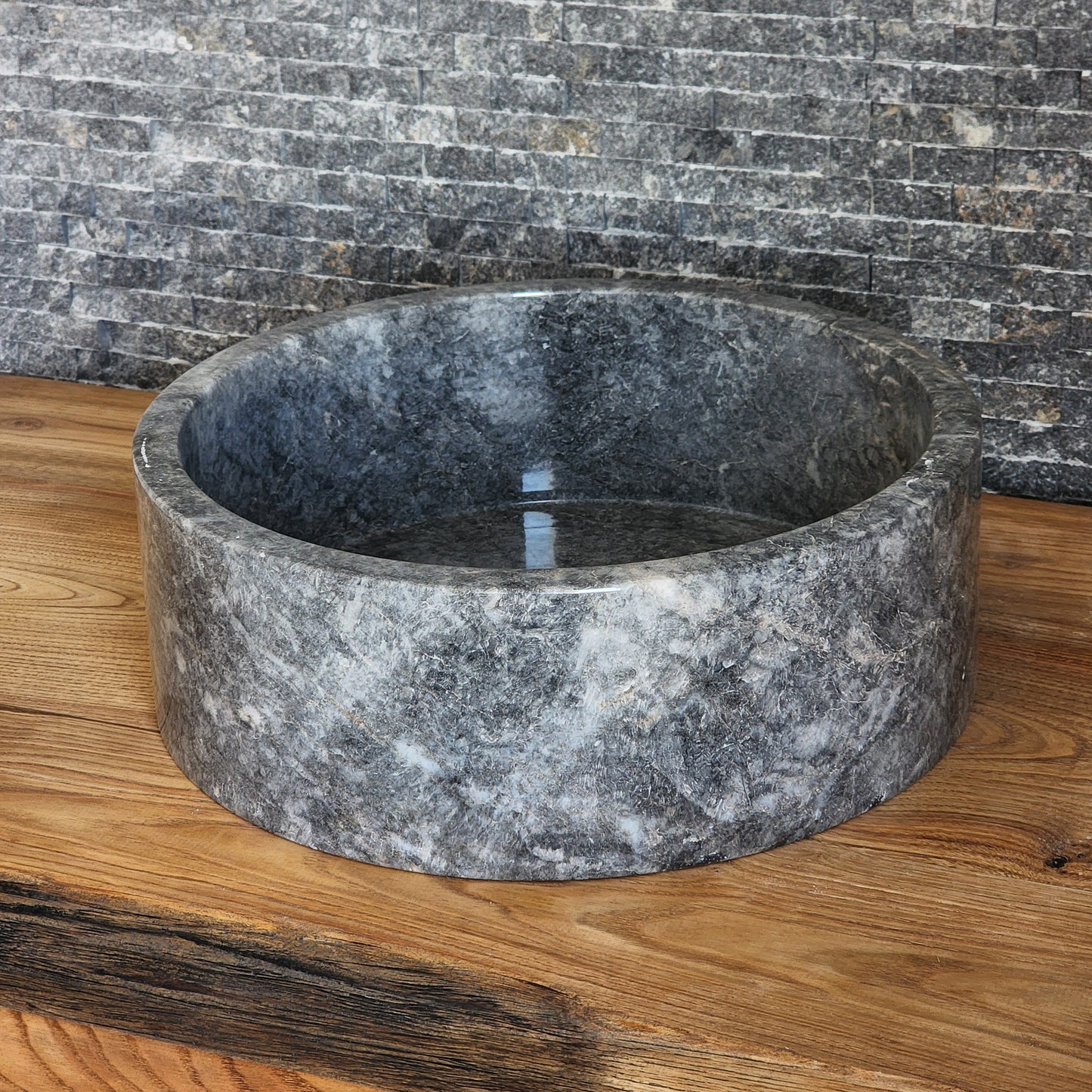 Norhew Gray Storm Marble Vessel Sink - Round Solid Stone Basin