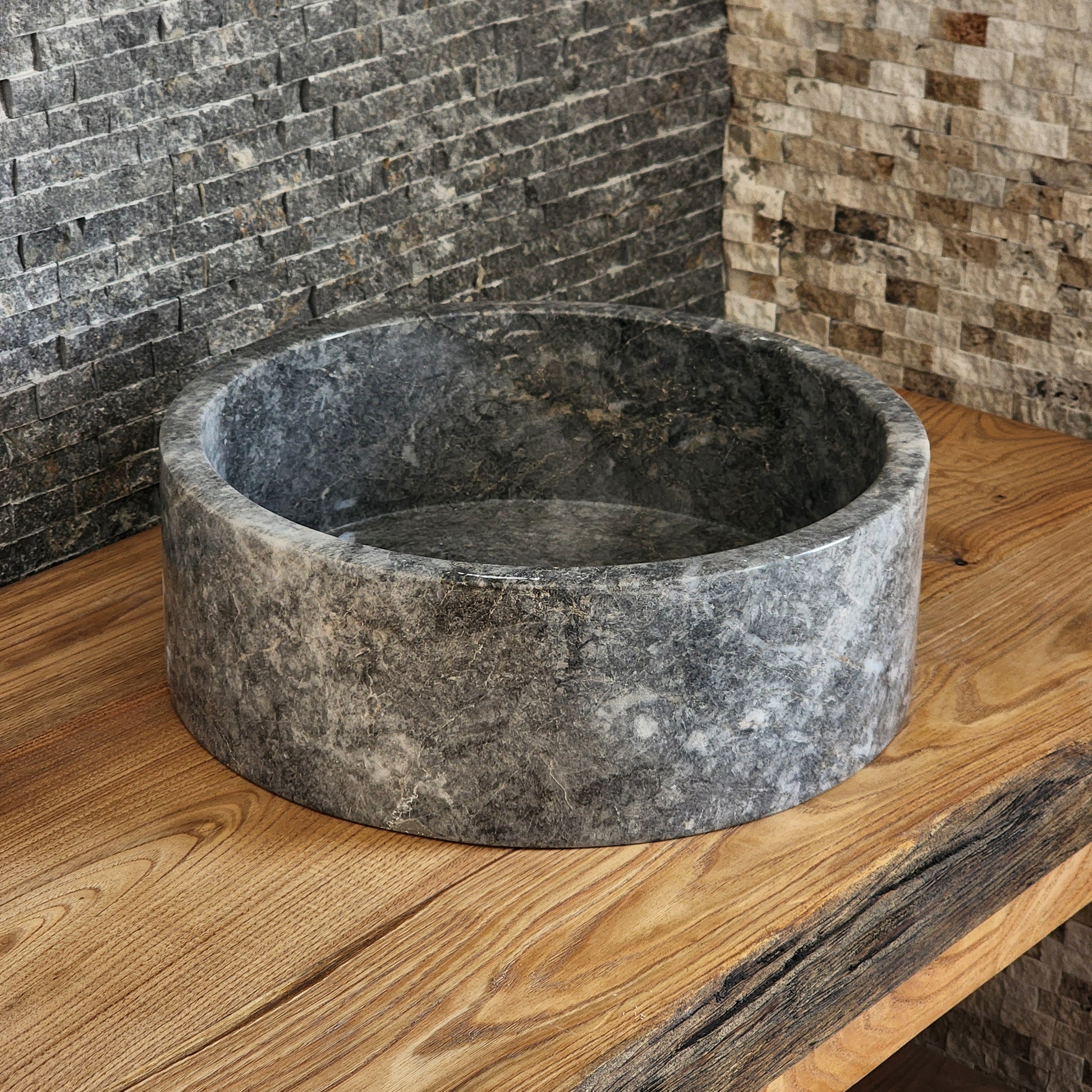 Norhew Gray Storm Marble Vessel Sink - Round Solid Stone Basin