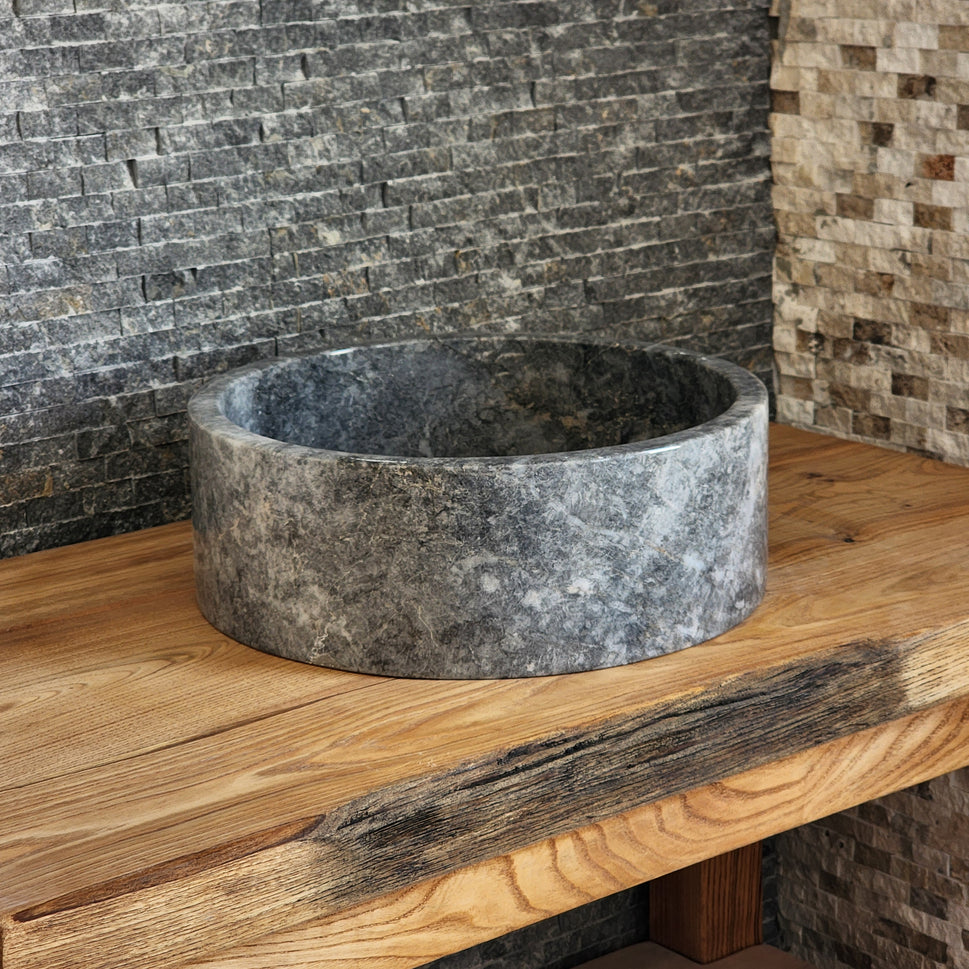 Norhew Gray Storm Marble Vessel Sink - Round Solid Stone Basin