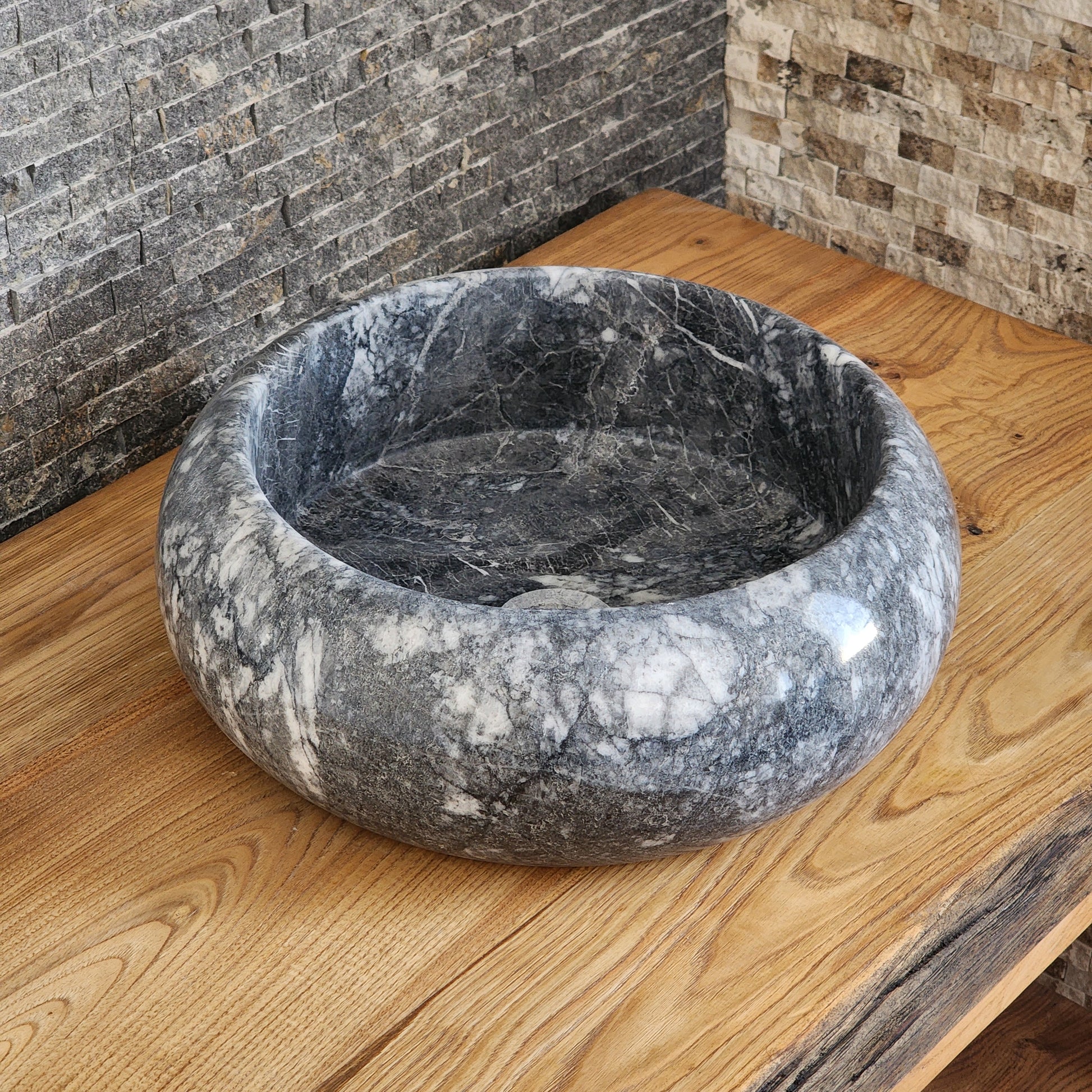 Gray Storm Marble Vessel Sink - Round Solid Stone Basin