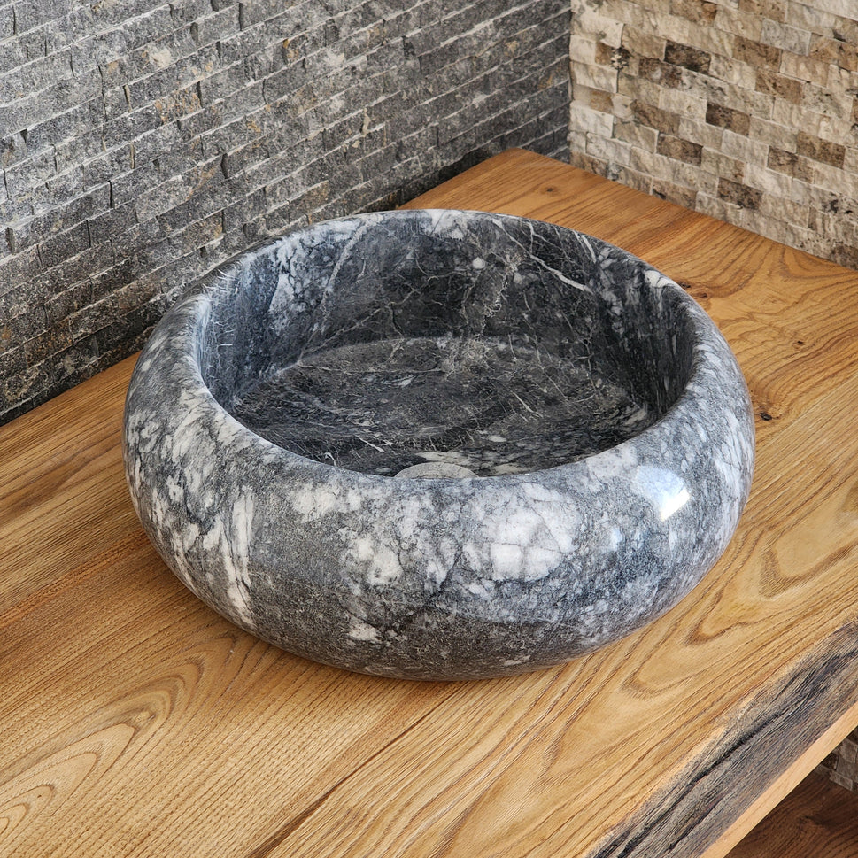 Gray Storm Marble Vessel Sink - Round Solid Stone Basin