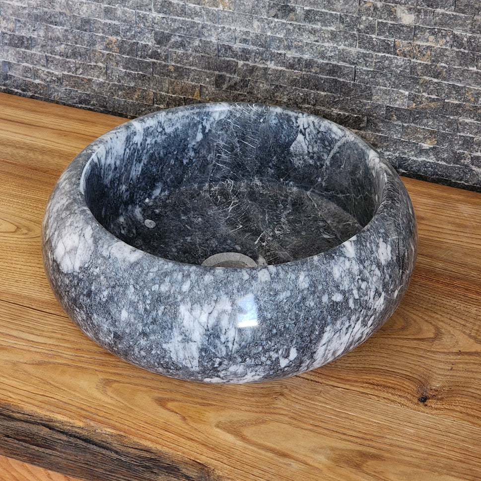 Gray Storm Marble Vessel Sink - Round Solid Stone Basin