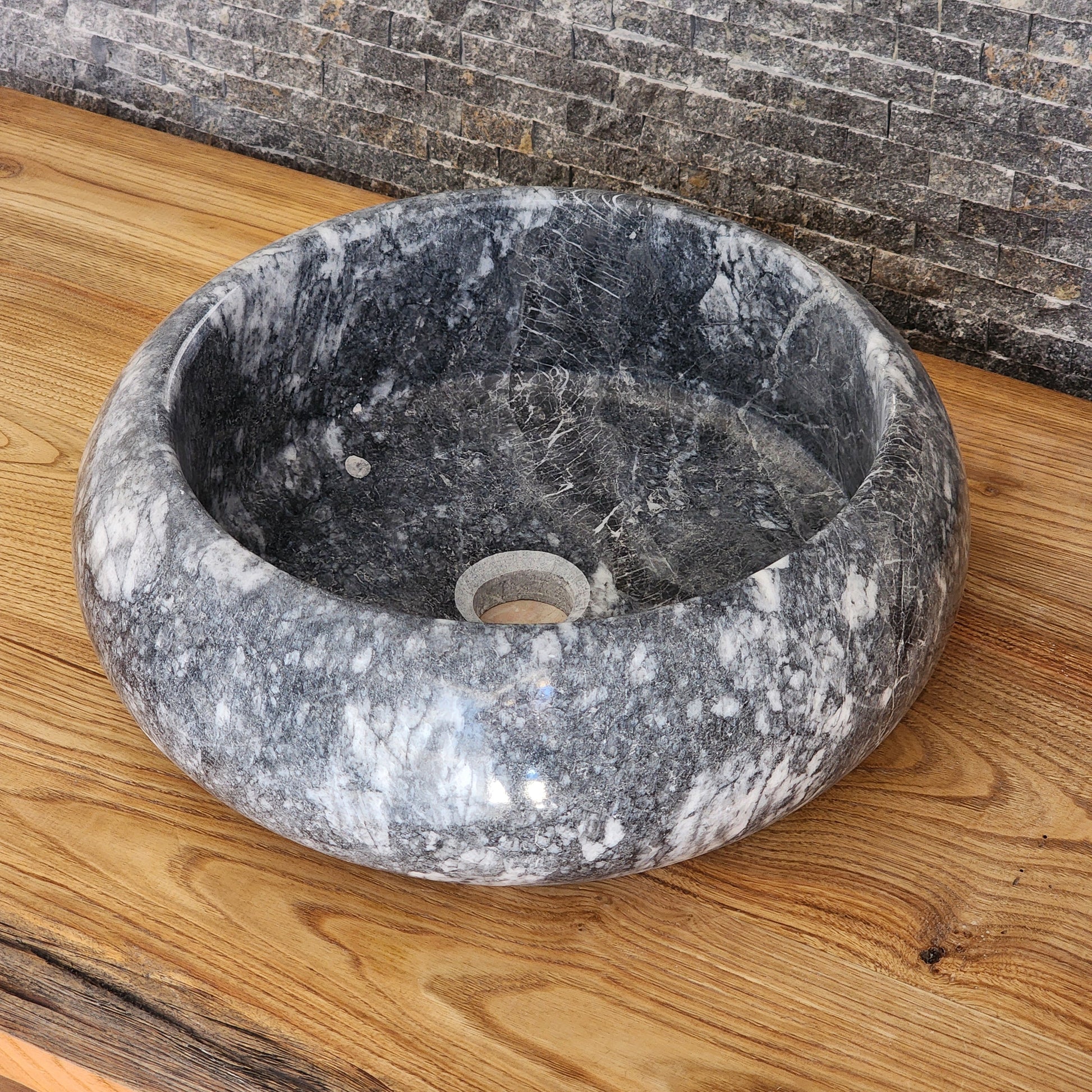 Gray Storm Marble Vessel Sink - Round Solid Stone Basin