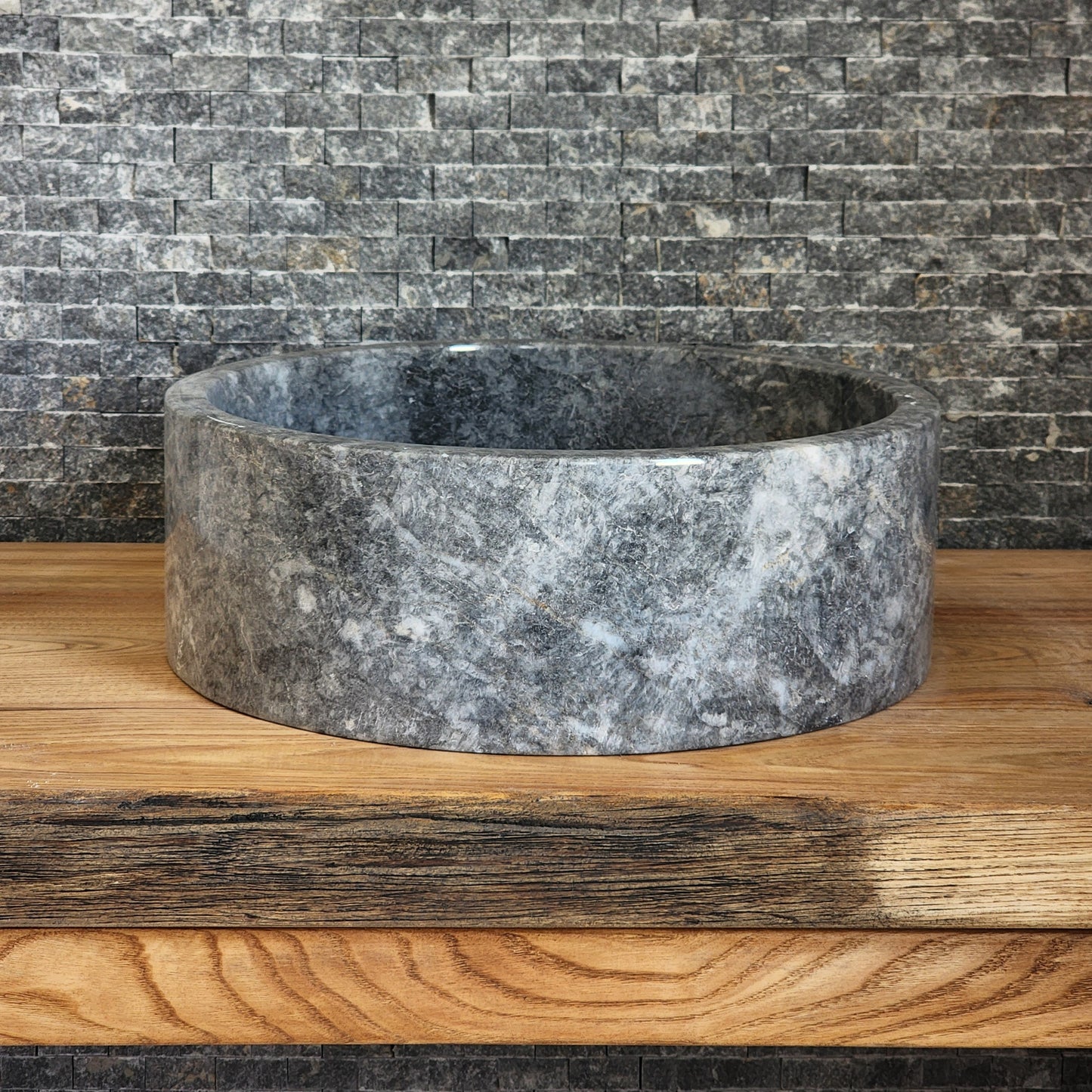 Norhew Gray Storm Marble Vessel Sink - Round Solid Stone Basin