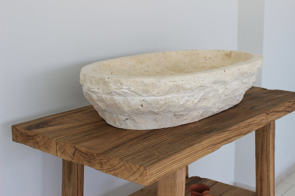 Hand-Carved Oval Travertine Vessel Sink – Honed Cream Natural Stone Basin