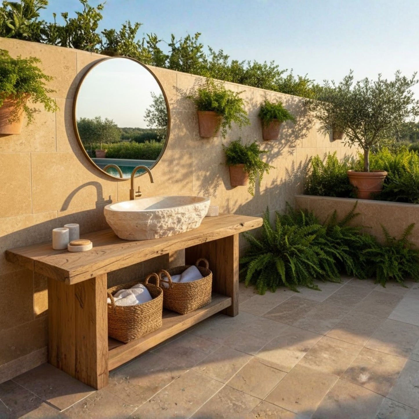 Hand-Carved Oval Travertine Vessel Sink – Honed Cream Natural Stone Basin