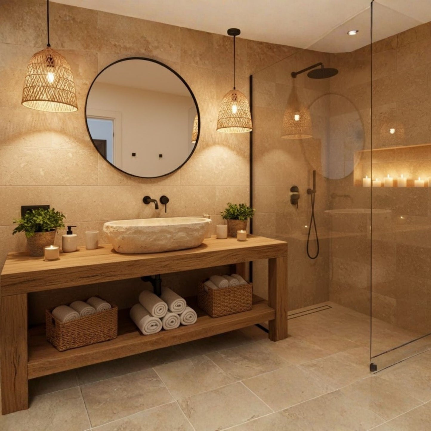 Hand-Carved Oval Travertine Vessel Sink – Honed Cream Natural Stone Basin