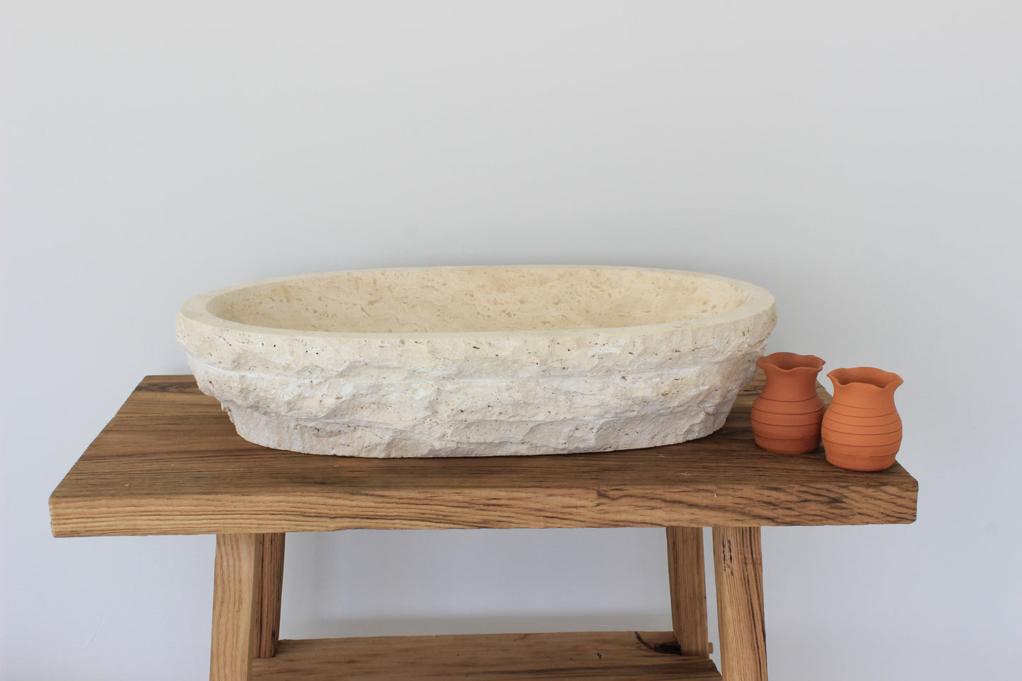 Hand-Carved Oval Travertine Vessel Sink – Honed Cream Natural Stone Basin