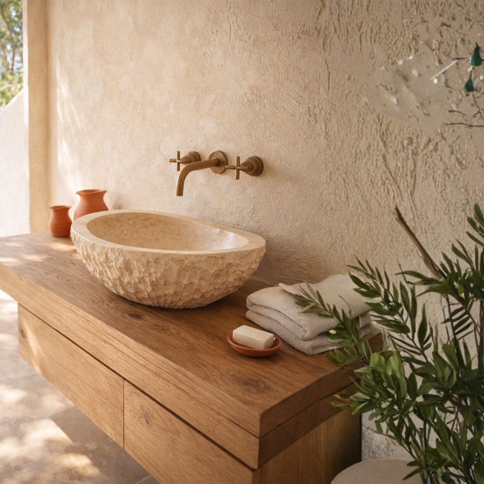 Hand-Carved Raw Chiseled Travertine Vessel Sink – Oval Organic Natural Stone Basin
