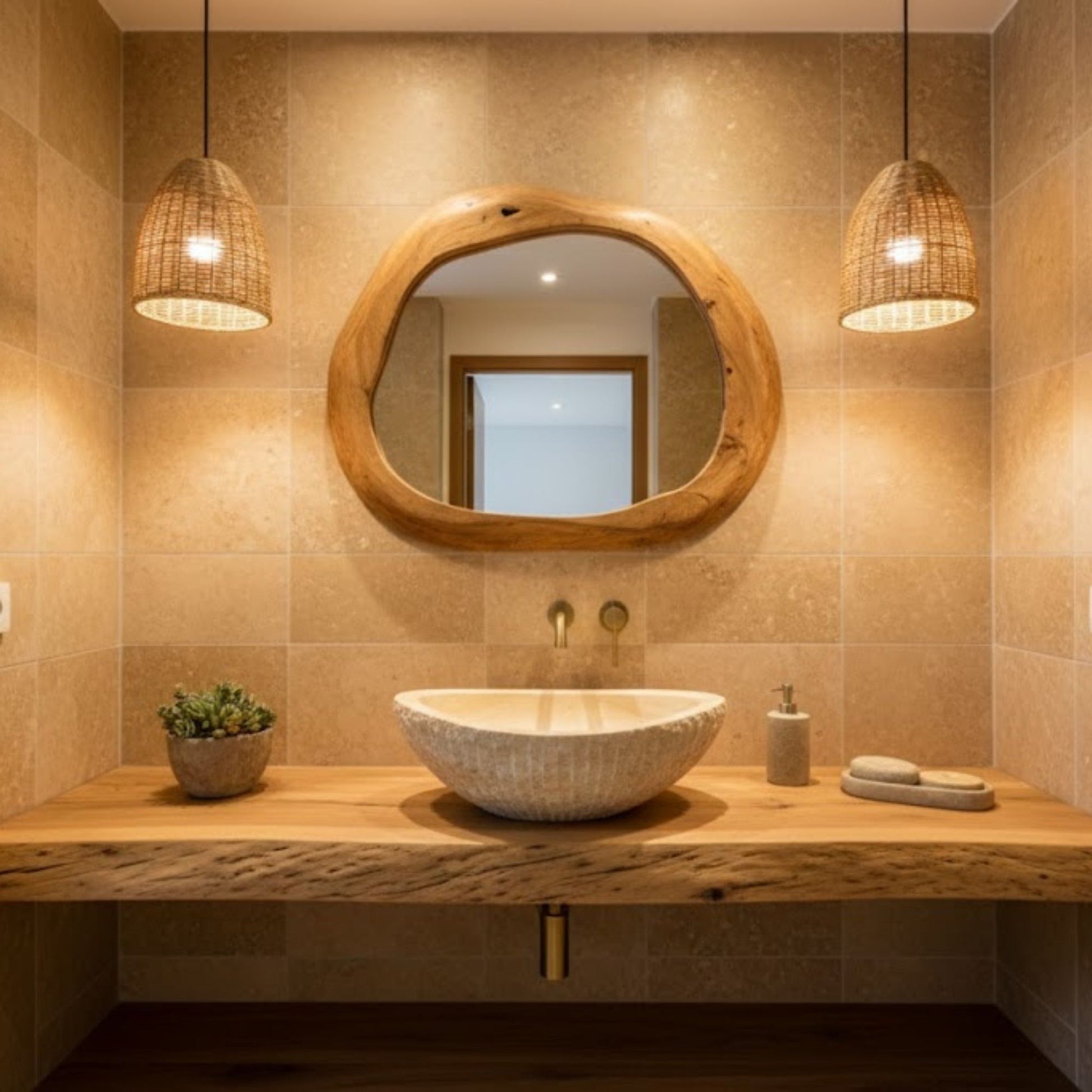 Hand-Carved Raw Chiseled Travertine Vessel Sink – Oval Organic Natural Stone Basin