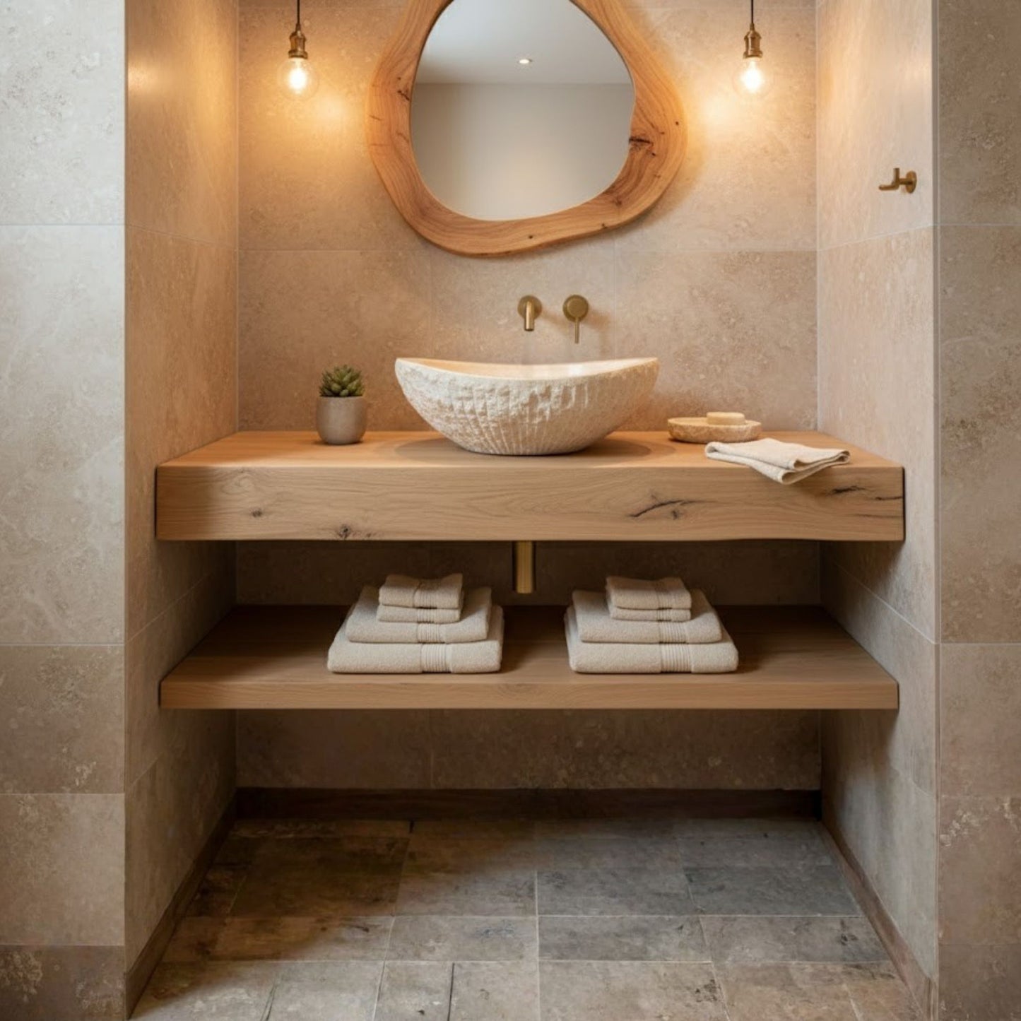 Hand-Carved Raw Chiseled Travertine Vessel Sink – Oval Organic Natural Stone Basin