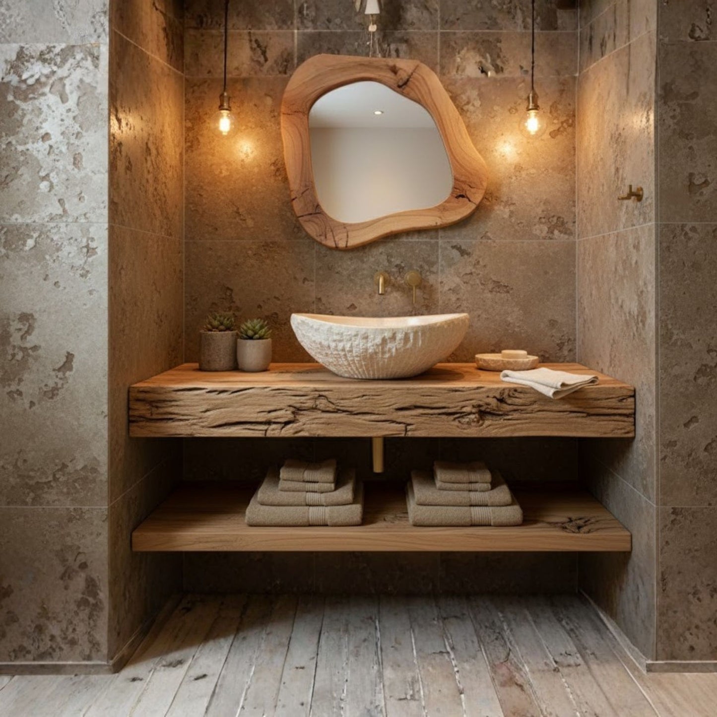 Hand-Carved Raw Chiseled Travertine Vessel Sink – Oval Organic Natural Stone Basin