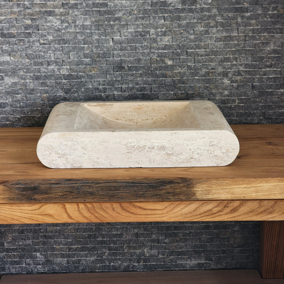 Rectangular Travertine Vessel Sink - Infinity Slope Solid Stone Basin
