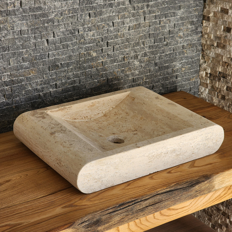 Rectangular Travertine Vessel Sink - Infinity Slope Solid Stone Basin