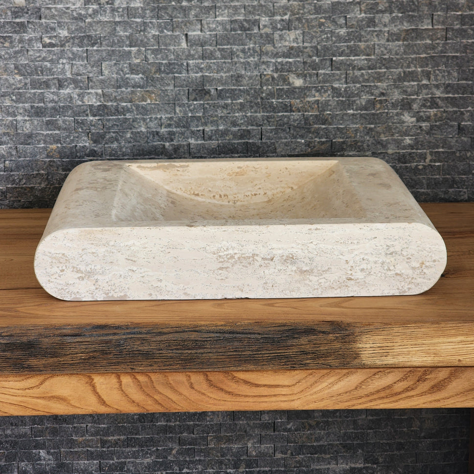 Rectangular Travertine Vessel Sink - Infinity Slope Solid Stone Basin