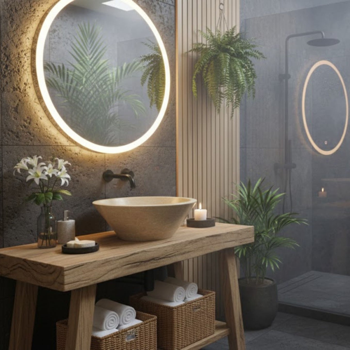 Hand-Carved Round Marble Vessel Sink – Polished Beige Natural Stone Basin