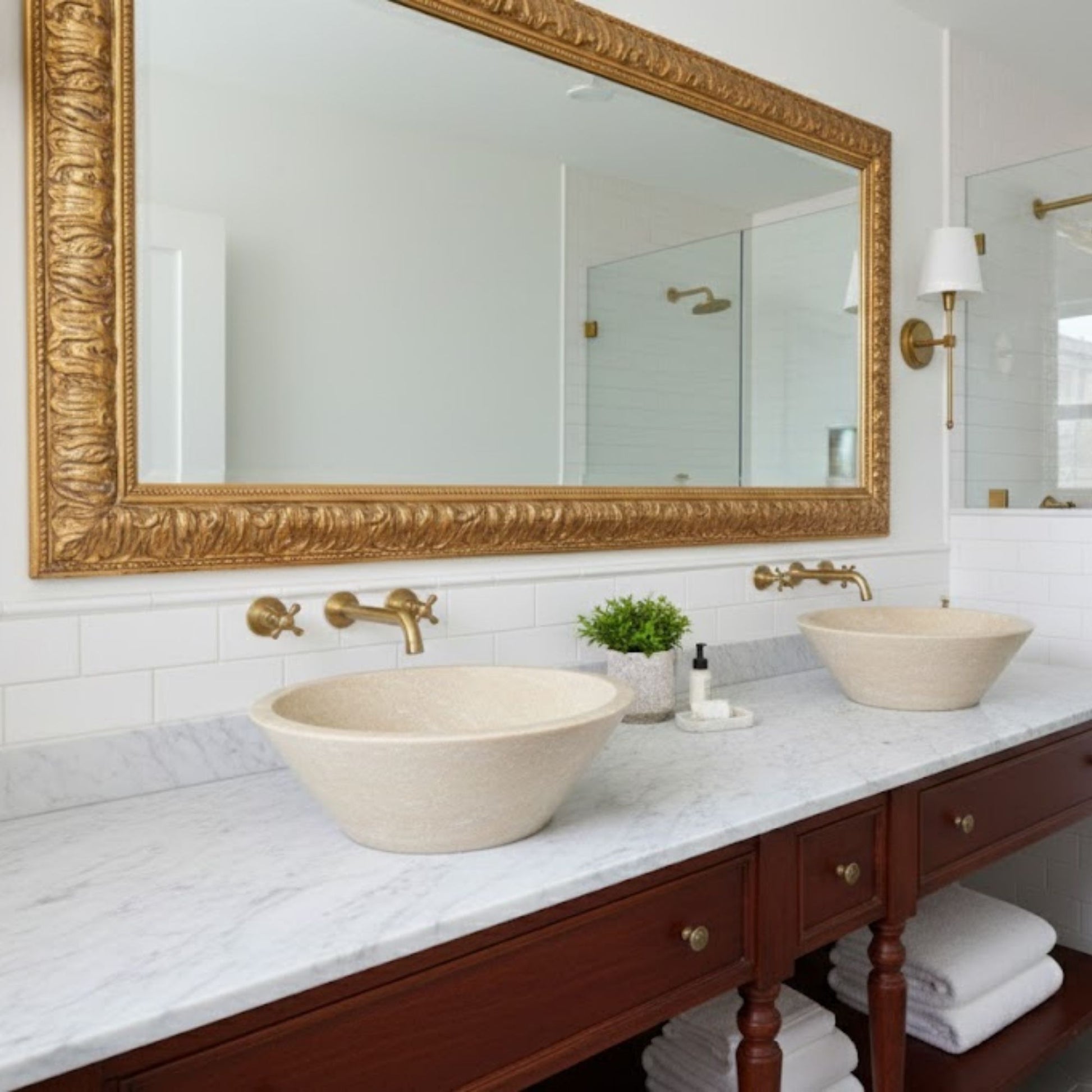 Hand-Carved Round Marble Vessel Sink – Polished Beige Natural Stone Basin