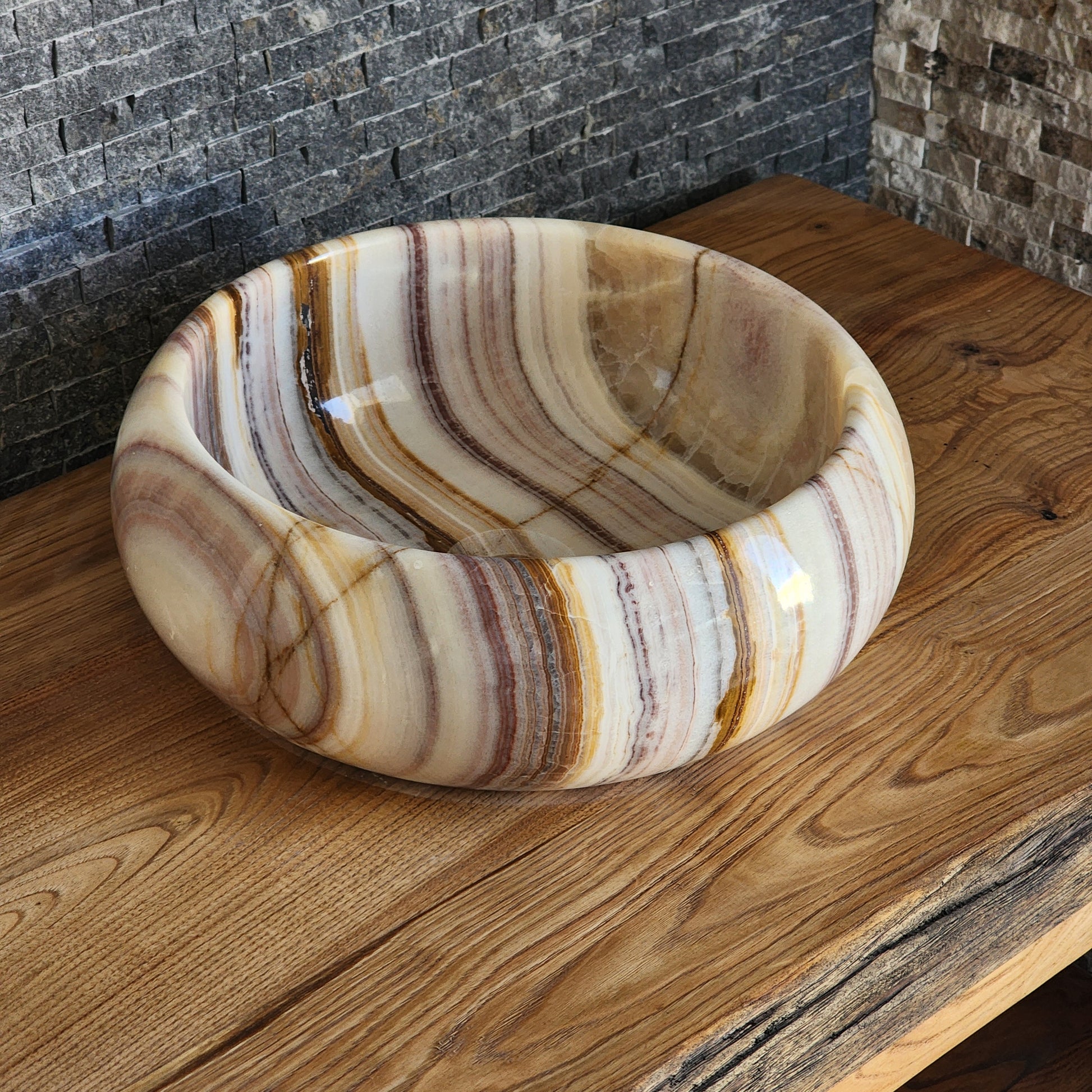 Exotic Striped Onyx Vessel Sink - Hand-Carved Translucent Stone Basin