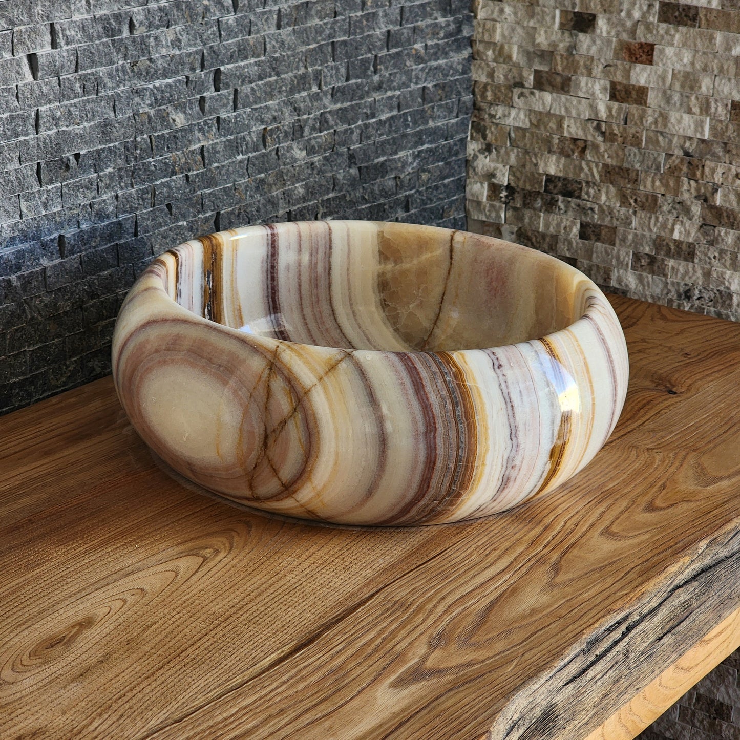 Exotic Striped Onyx Vessel Sink - Hand-Carved Translucent Stone Basin
