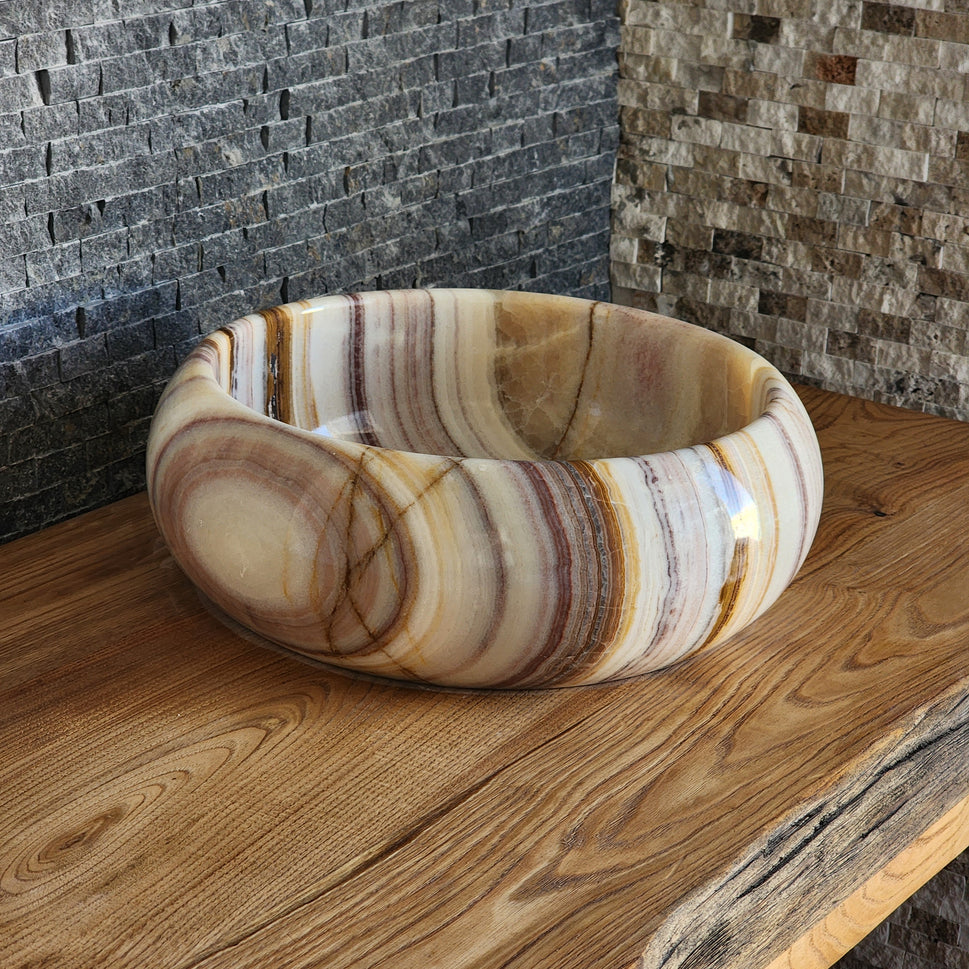 Exotic Striped Onyx Vessel Sink - Hand-Carved Translucent Stone Basin