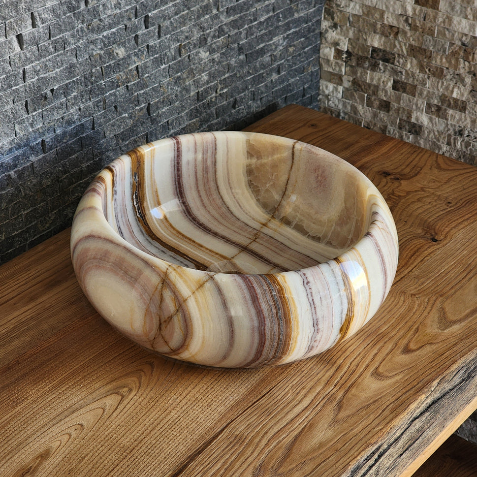 Exotic Striped Onyx Vessel Sink - Hand-Carved Translucent Stone Basin