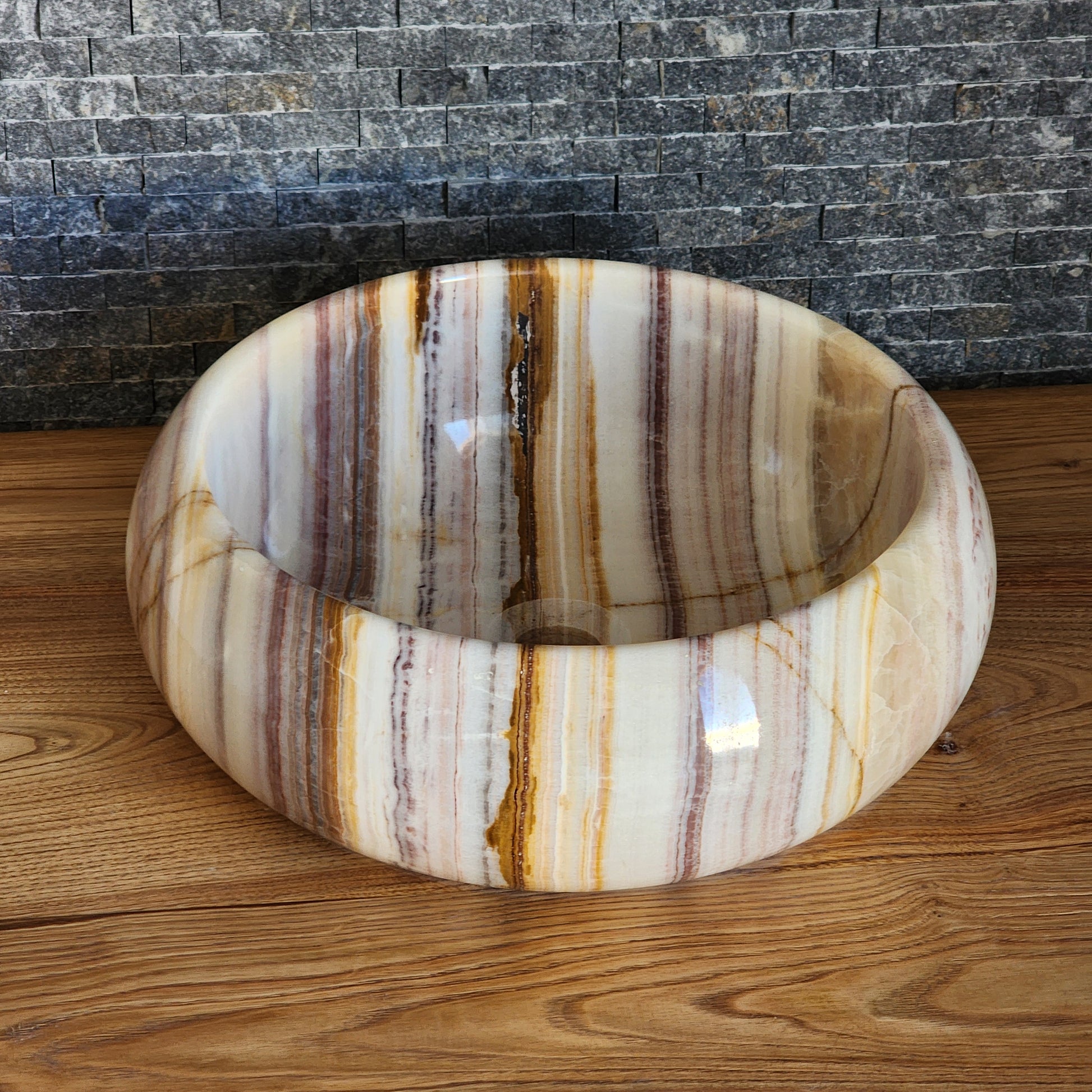 Exotic Striped Onyx Vessel Sink - Hand-Carved Translucent Stone Basin