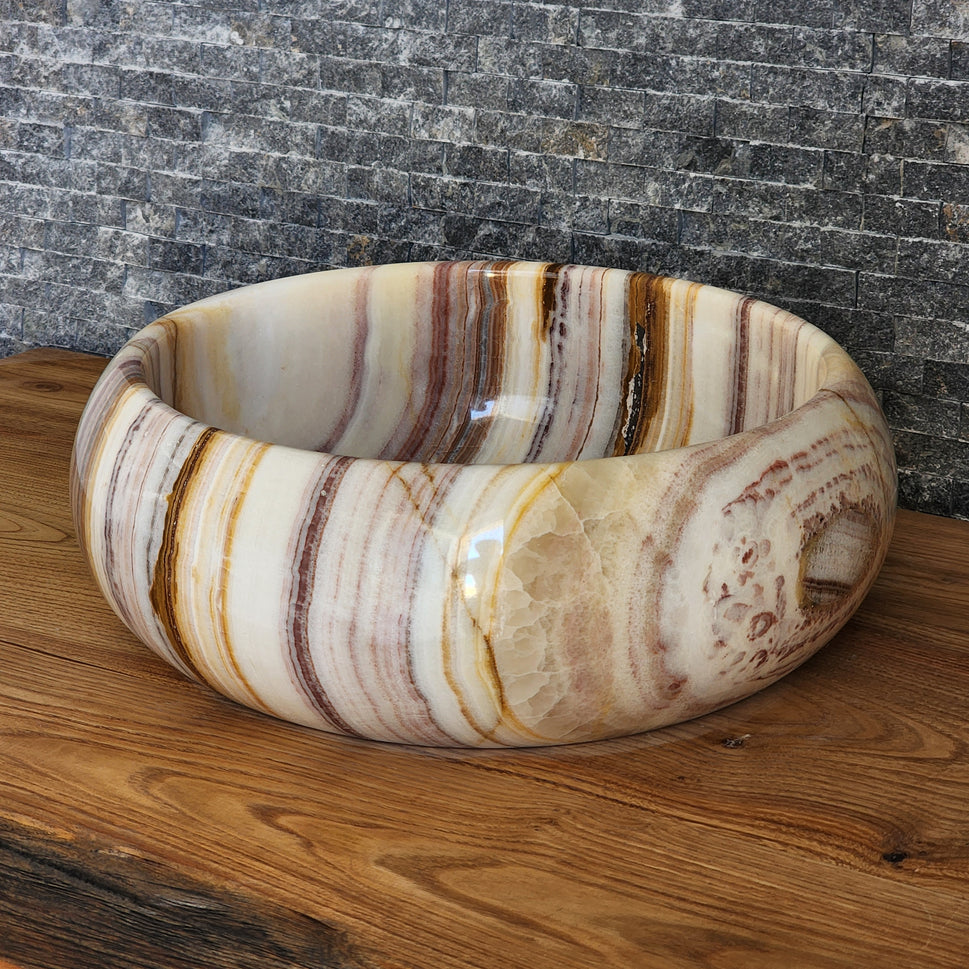 Exotic Striped Onyx Vessel Sink - Hand-Carved Translucent Stone Basin