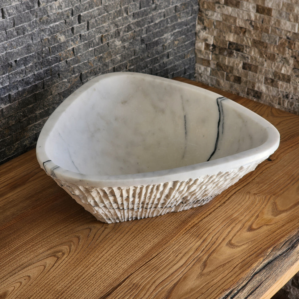 Triangular Chiseled White Marble Sink - Hand-Carved Raw Edge Basin