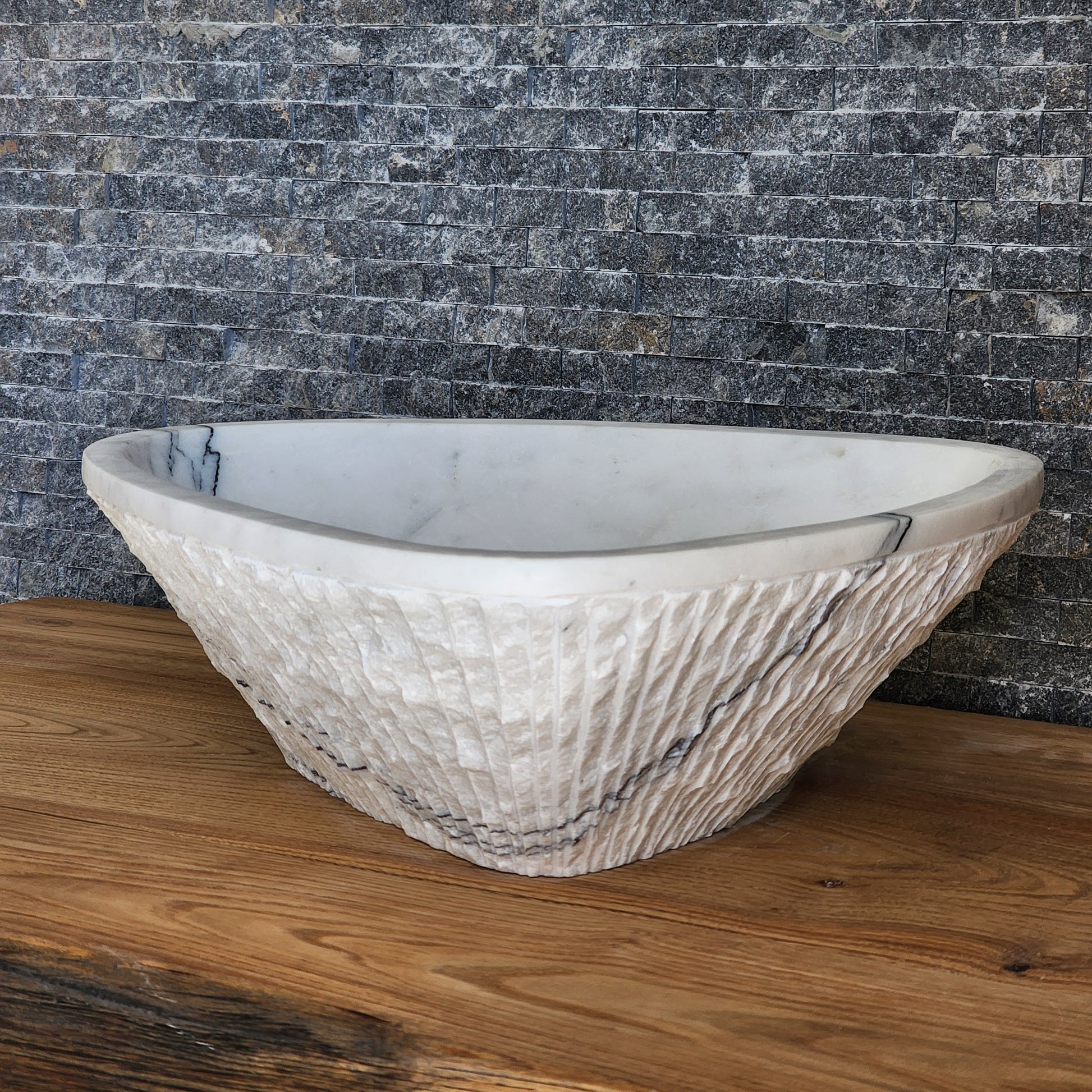 Triangular Chiseled White Marble Sink - Hand-Carved Raw Edge Basin