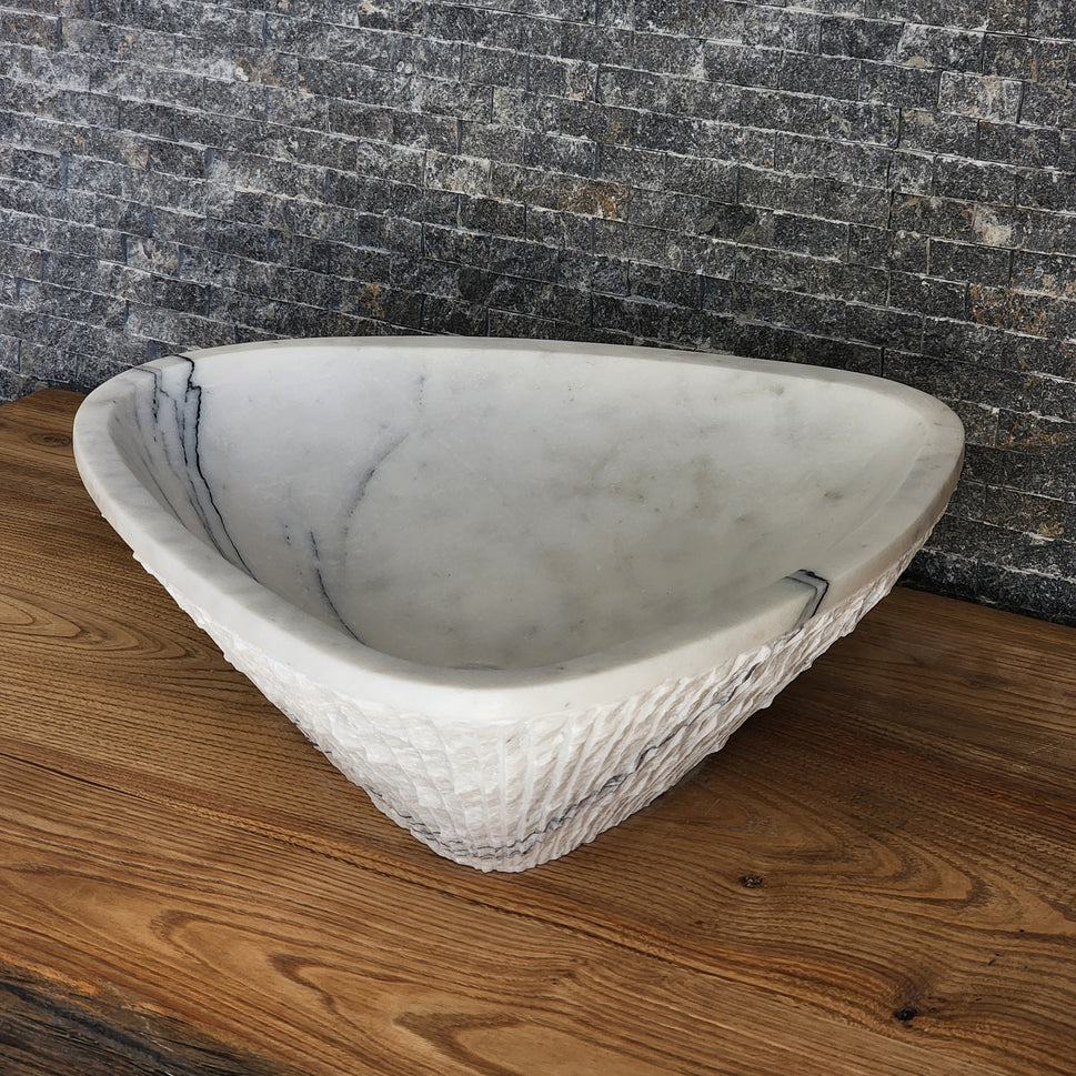 Triangular Chiseled White Marble Sink - Hand-Carved Raw Edge Basin