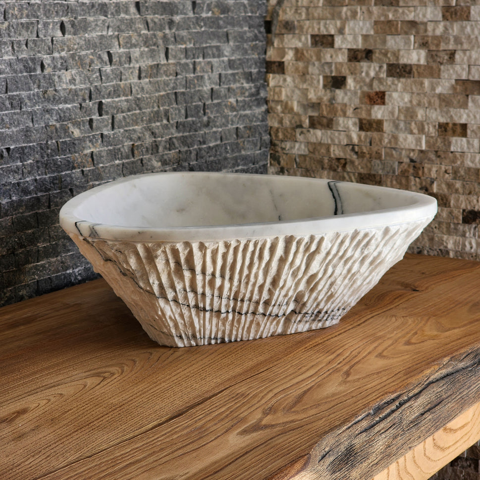 Triangular Chiseled White Marble Sink - Hand-Carved Raw Edge Basin