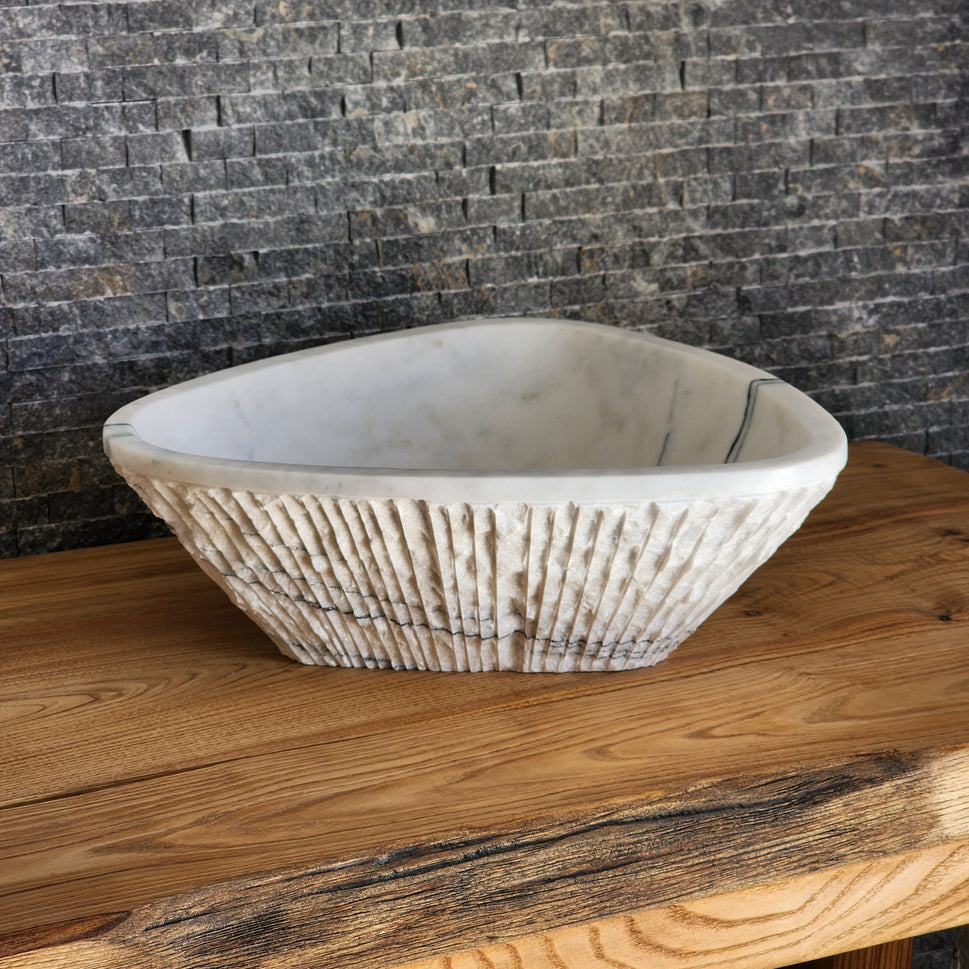 Triangular Chiseled White Marble Sink - Hand-Carved Raw Edge Basin