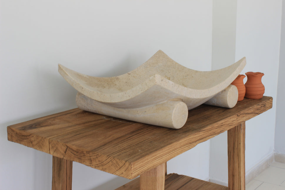 Hand-Carved Zen Pebble Limestone Vessel Sink – Round Matte Cream Natural Stone Basin