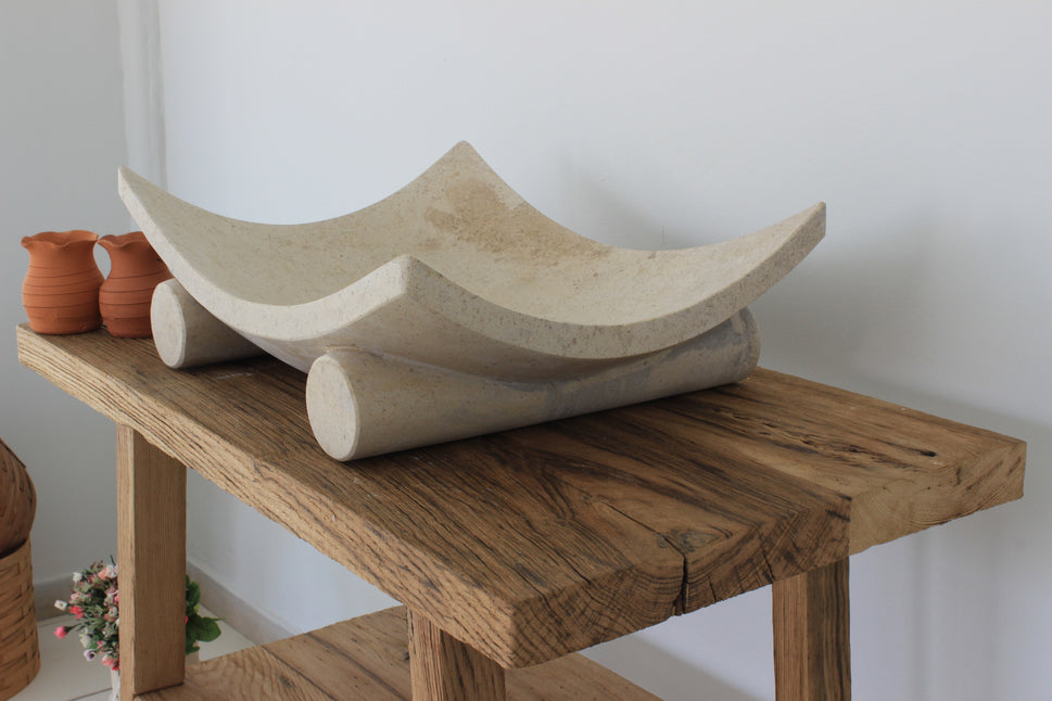 Hand-Carved Zen Pebble Limestone Vessel Sink – Round Matte Cream Natural Stone Basin