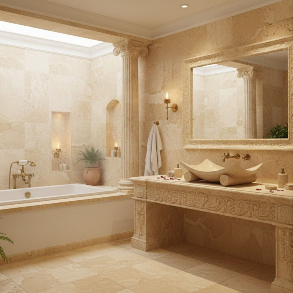 Hand-Carved Zen Pebble Limestone Vessel Sink – Round Matte Cream Natural Stone Basin