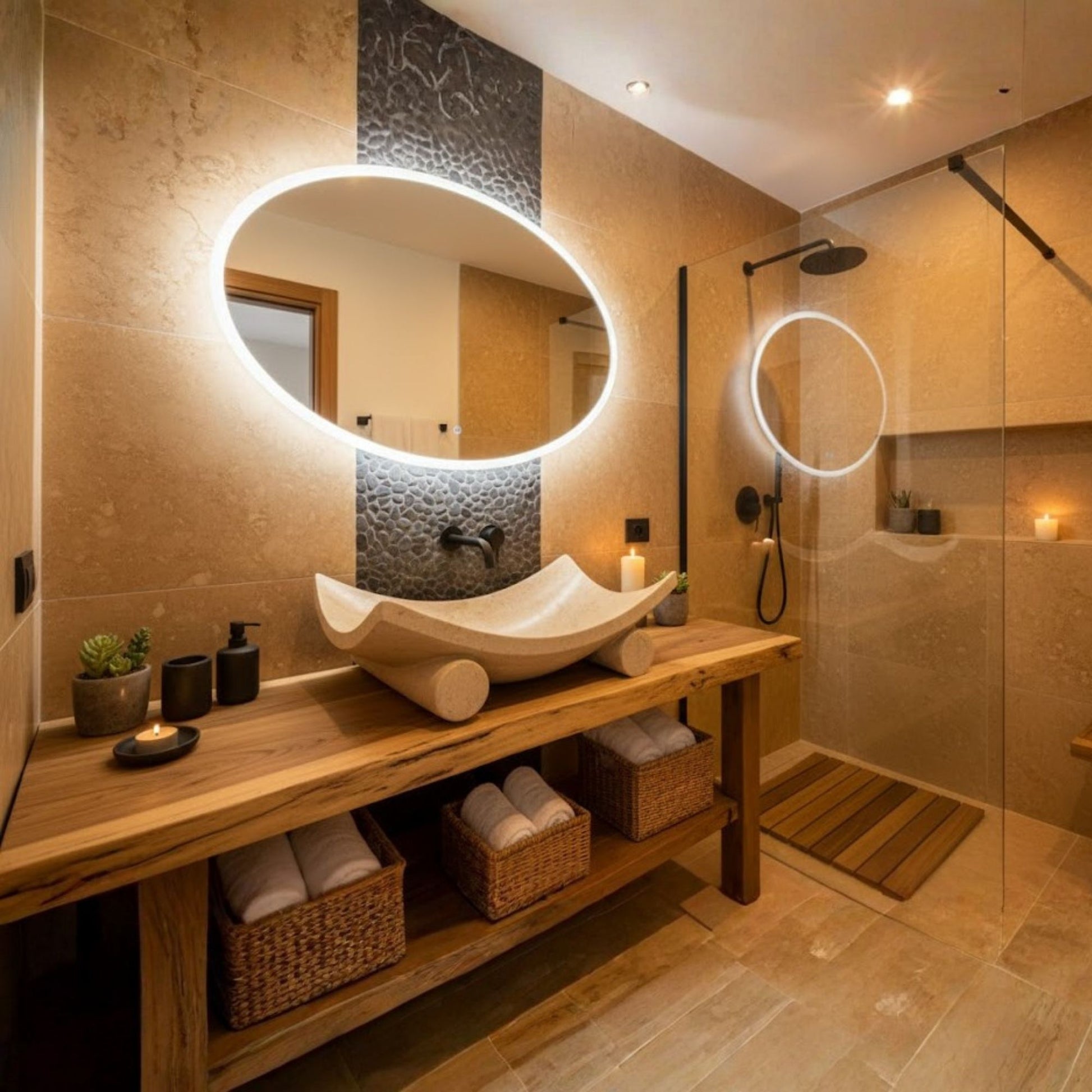 Hand-Carved Zen Pebble Limestone Vessel Sink – Round Matte Cream Natural Stone Basin